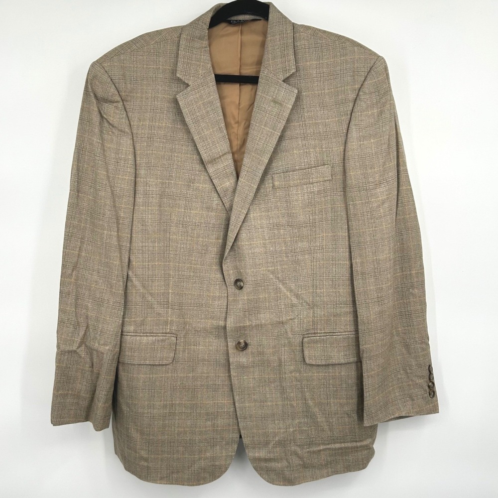 Jos. A. Bank Traveler's Mens Blazer 44R Tan Silk Wool Glen Plaid Sport Coat